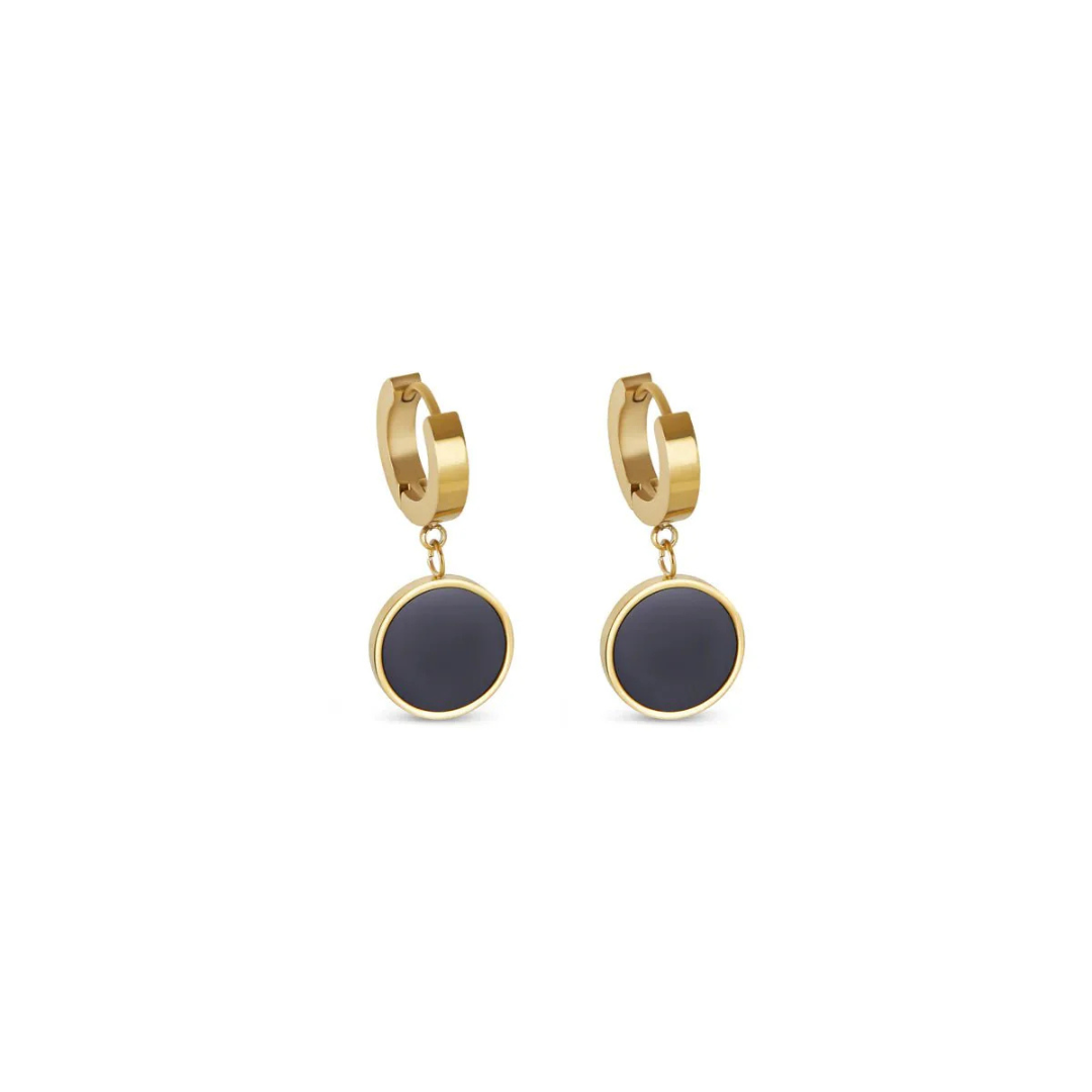 Boucles d'oreilles Pendentif Noir en Plaqué Or 18 Carats
